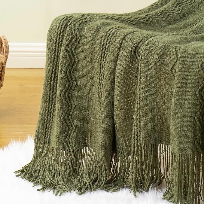 BATTILO HOME Olive Green Throw Blanket for Couch, 50"x60" | Dark Green Blanket with Tassels for Home Decor, Decorative Knitted Throw Blanket for Couch Cover