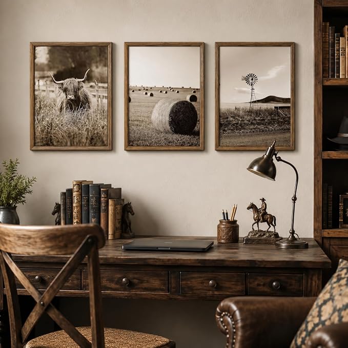 6Pcs Vintage Western Cowboy Wall Art, Highland Cattle Prints, 10" L x 8" W | Rustic Farmhouse Canvas Posters, Country Western Style Wall Decor for Bedroom and Kitchen, Framed