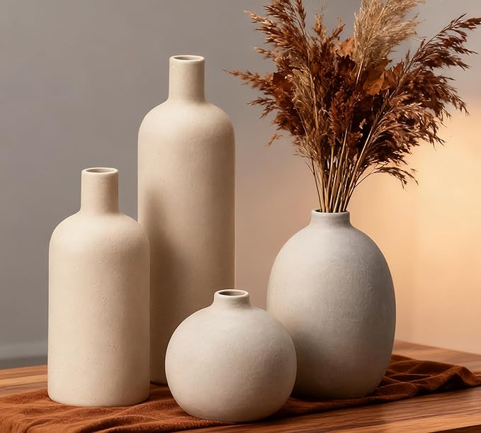 Ceramic Vase Set of 4, Classic Beige White Matte Vases Home Decorations for Table Shelf Office Centerpieces Decor