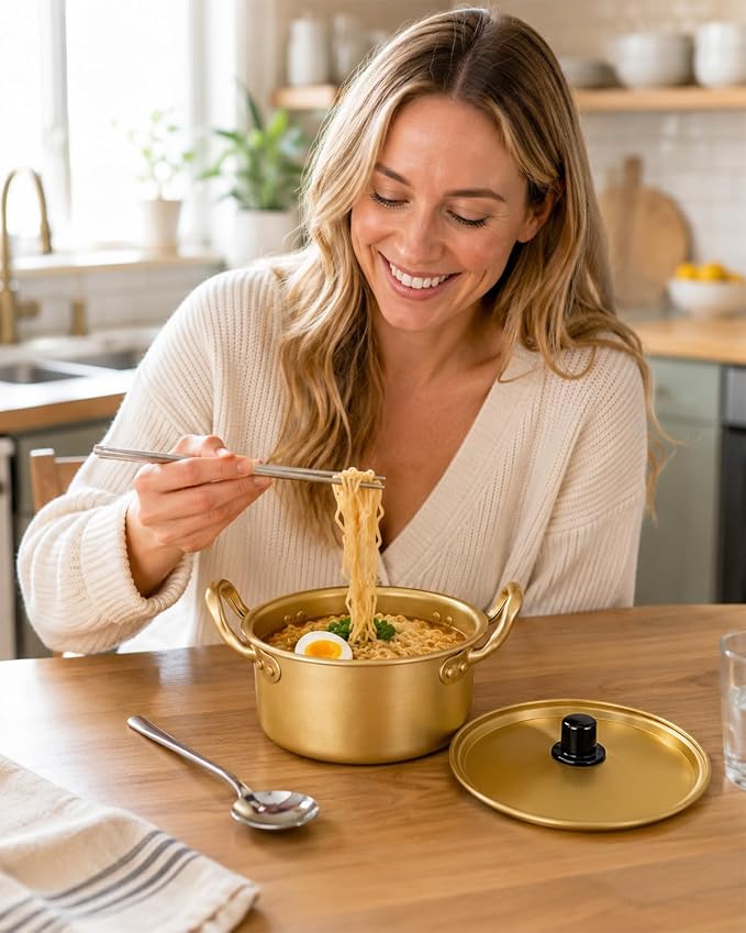 Korean Ramen Pot, Noodle Pot With Lid Spoon And Chopsticks (1pair), Korean Cookware Ramen Pots For Kitchen Cookware, 6.3 Inch (6.3"D x 6.3"W x 3"H)
