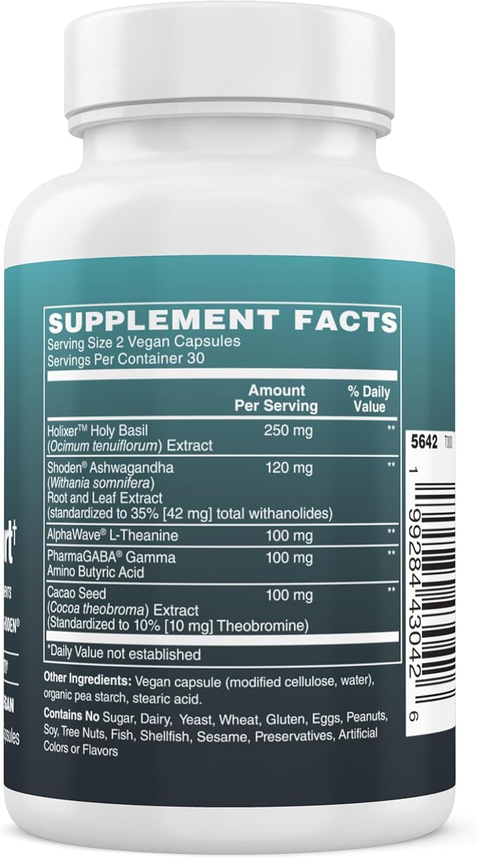 Advanced Stress Support – Holy Basil, Shoden® Ashwagandha, AlphaWave® L-Theanine, PharmaGABA®, Cacao Theobromine – Calm & Clarity Formula – Vegan, Non-GMO, Gluten-Free – 60 Capsules