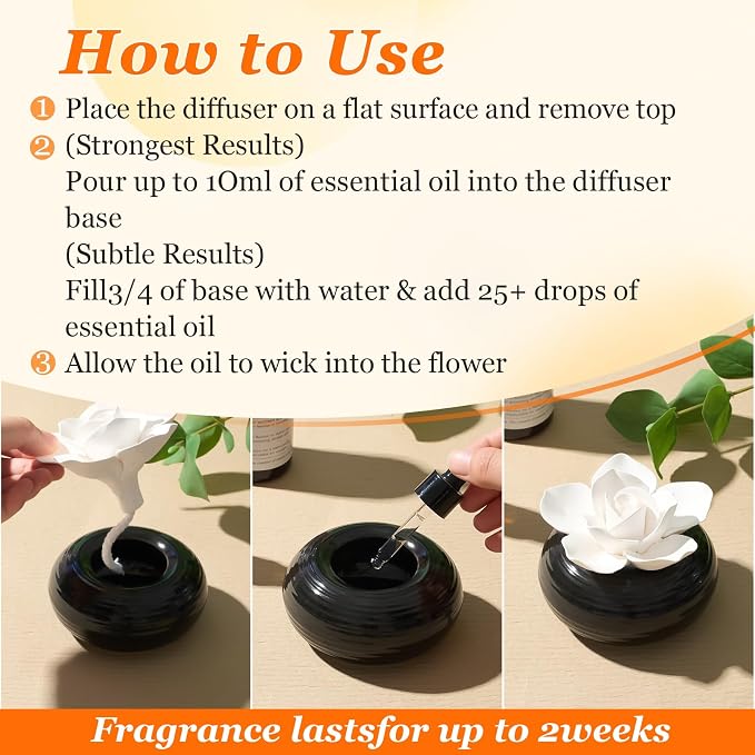 Honeydak 1 Pcs Ceramic Essential Oil Diffuser, Non Electric Reedless Passive Porcelain Flower Aromatherapy Diffuser, Decorative Floral Design Tabletop Office Home Bathroom Decor (Camellia)
