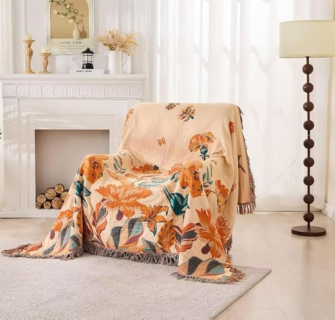 Boho Throw Blanket for Bed 100% Cotton Bohemian Blankets Ultra Soft Woven Muslin Decorative Blankets All Seasons Vintage Quilt Knitted Blanket for Sofa Chair(Orange, 90"x98")