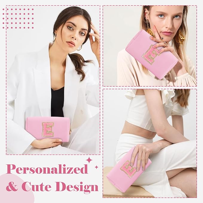 Personalized Initial A-Z Preppy Patch Makeup Bag,Small PU Leather Chenille Letter Cosmetic Bag with Zipper for Teen Girls,Pink Cute Travel Toiletry Bag,Birthday Monogrammed Gift for Daughter,Letter E