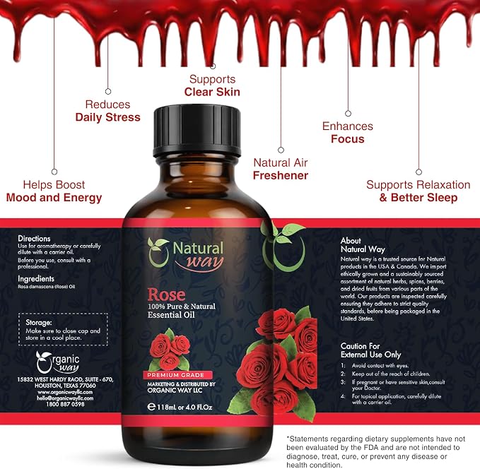 Rose Essential Oil | Pure Aromatherapy Oil for Diffusers, Hair Growth, Skin, Scalp Care, Massage | Refreshing Hair Oil for Women & Men | Natural Essential Oil for Diffuser | 4 Fl Oz (120 mL)