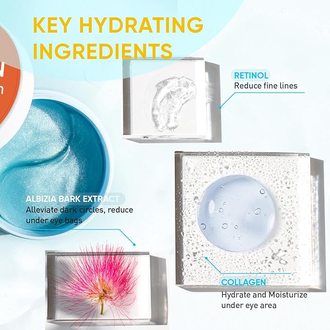Under Eye Patches – 30 Pairs Hydrating Gel Masks with Collagen, Retinol & Albizia Bark | Helps Reduce Fine Lines, Wrinkles, Dark Circles, Puffiness & Eye Bags