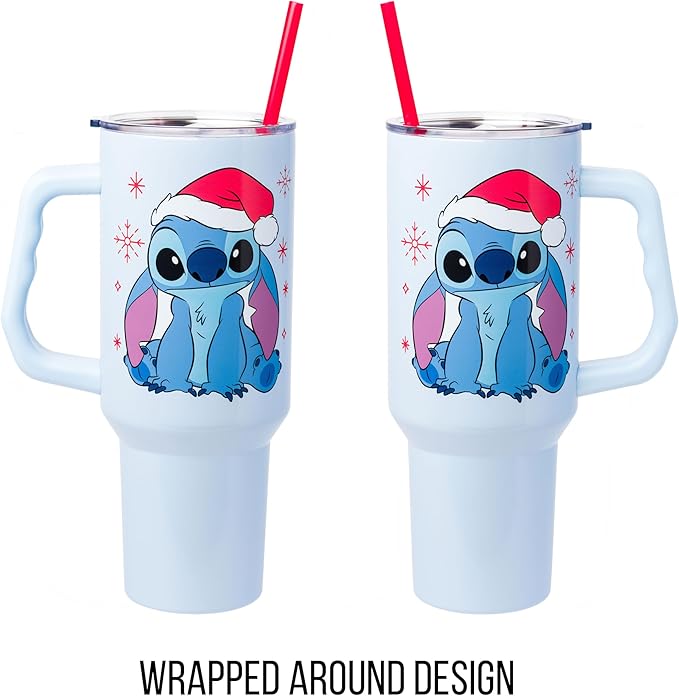 Silver Buffalo Disney Lilo and Stitch Christmas Holiday Santa Hat and Snowflakes Double Walled Stainless Steel Tumbler with Handle and Straw, Fits in Standard Cup Holder, 40 Ounces