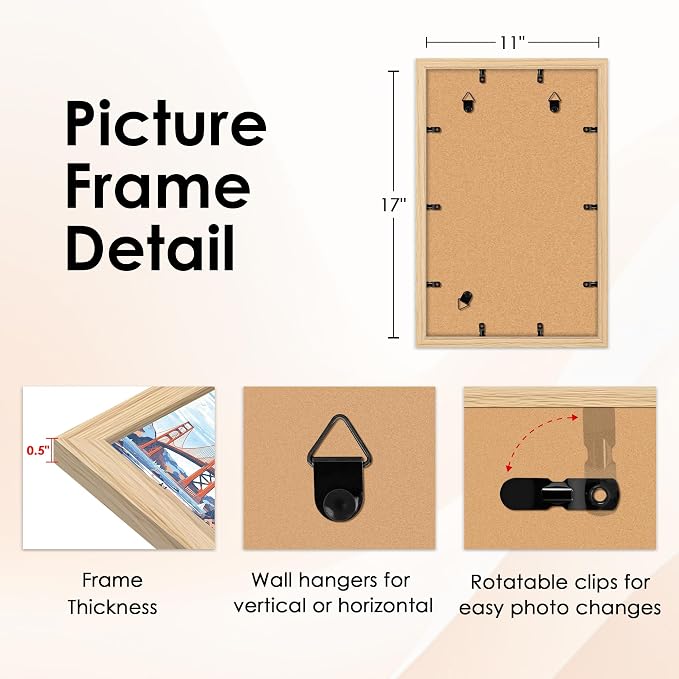 11x17 Picture Frame Natural Set of 2, Photo Frame with HD Plexiglass, Display Pictures 9x15 with Mat or 11x17 Without Mat, Natural Picture Frames Collage Wall Decor, Gallary Wall Frame