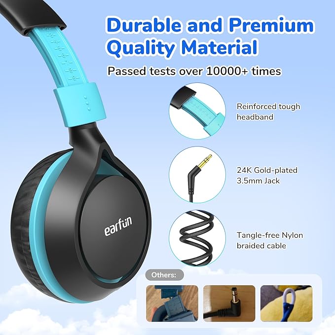 EarFun S1 Kids Headphones, Foldable Wired Headphones for Kids, 85dB Volume Limit, Stereo Sound, Adjustable Headband, Portable Lightweight On-Ear Headphone for School/Travel/Boys/Girls/PC, Black