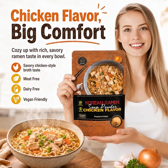Korean Chicken Ramen Soup Powder - Instant Ramen Soup Seasoning Chicken Flavor, Umami Flavor, 5.29oz pack, product of Korea | korean chicken ramen seasoning, vegan soup powder, 5.29 oz pouch, no msg, mild umami broth, noodles rice hot pot