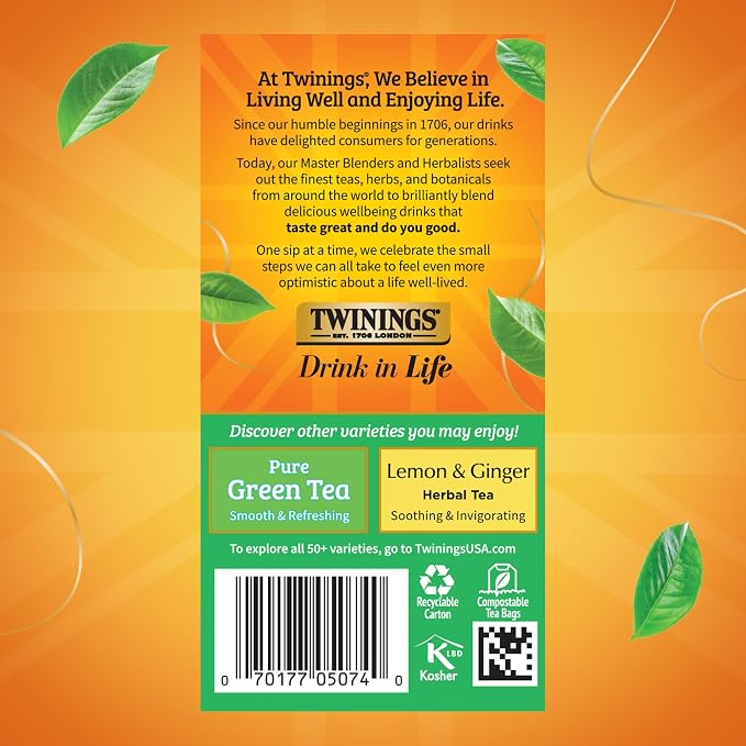 Twinings Green Tea with Jasmine Individually Wrapped Bags, 20 Count (Pack of 6), Fragrant Floral Scent, Caffeinated, Enjoy Hot or Iced, 120 Teabags