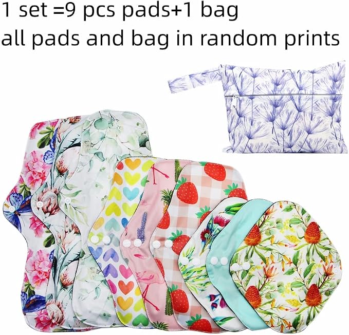 Random Prints Adjustable Snaps Reusable Menstrual Pads - 9 pcs Three Size Cloth Sanitary Pads with 1 Bag