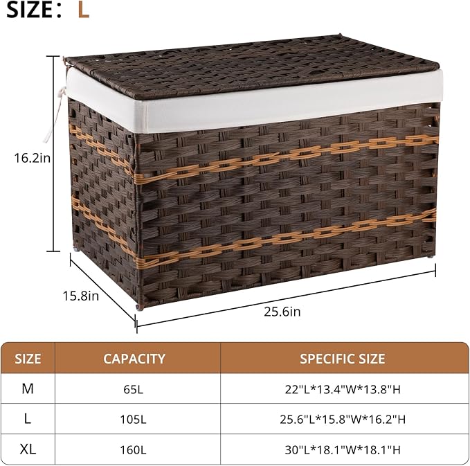 OIAHOMY Storage Basket with Lid, 27.7 Gallon (105L) Blanket Basket with Removable Liner Bag, Synthetic Wicker Hamper with Handle, Hamper for Living Room, Brown