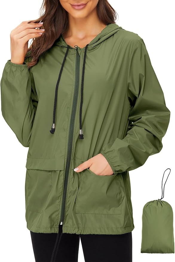 Zando Lightweight Rain Jacket Women Packable Waterproof Raincoat with Hood | Windbreaker Jacket Women, Light Raincoats for Drizzle, Rain Coats for Travel, Hiking and Commute
