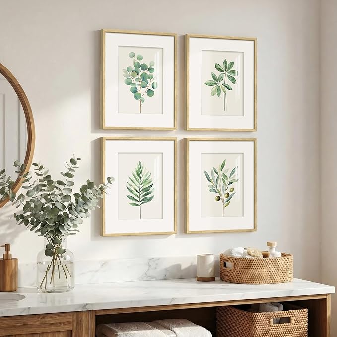 Framed Minimalist Sage Green Botanical Kitchen Wall art, 4 Piece 8x10 In | Green leaf plant pictures, Boho modern farmhouse wall decor, Plexiglass with mat prints, Bedroom bathroom hallway decor