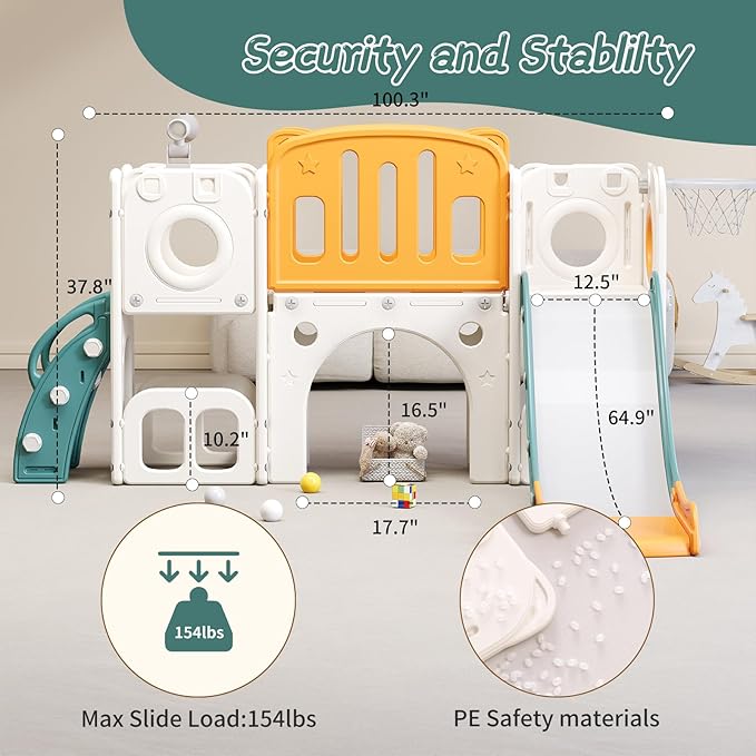 8 in 1 Toddler Slide,Kids Climber Slide with Storage Space and Non-Slip Steps,Indoor Outdoor Playset with Basketball Hoopa and Telescope,Slide for Toddlers Age 1-8 (White+Orange)