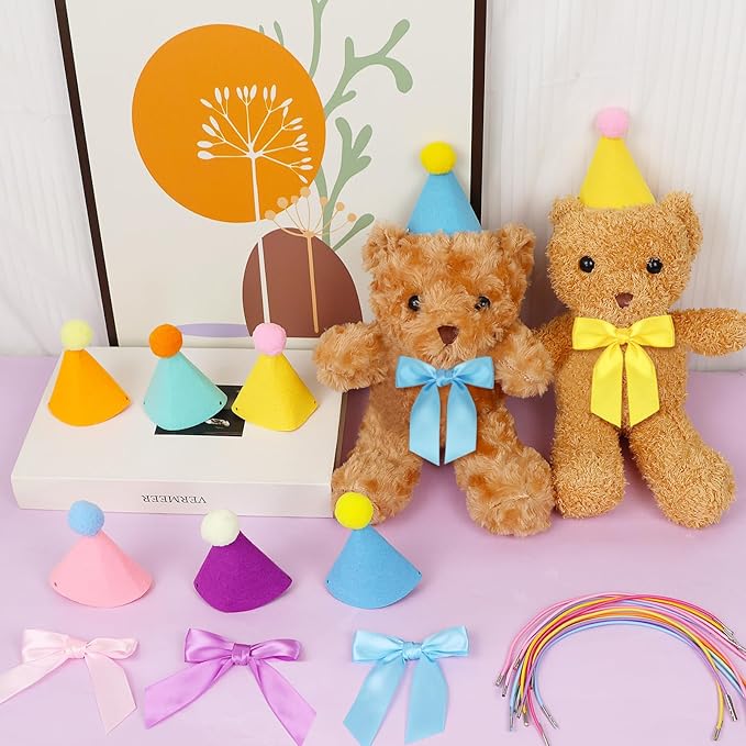 12pcs Mini Party Hats for Stuffed Animals, Birthday Party Cone Hats with Bow Tie for Dolls Dog Cat Rabbit Puppies Assorted Animal Birthday Decorations