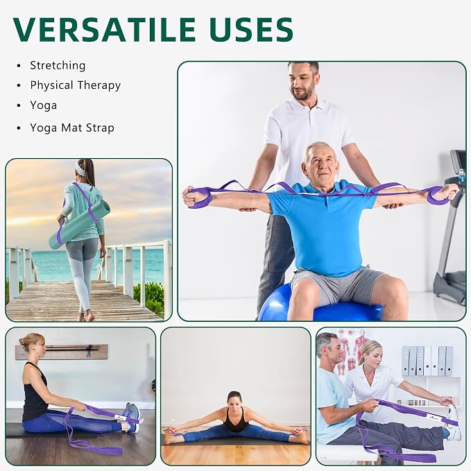 Abiarst Stretching Strap Yoga Straps for Physical Therapy, 10 Loops Non-Elastic Stretch Band for Pilates, Flexibility, Exercise and Gymnastics