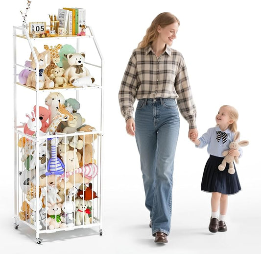 Stuffed Animal Storage Zoo 3 Tier - Large Stuffed Animals Holder Wood and Metal Plush Toy Storage with Brake Wheels Space Saver for Kids Playroom Bedroom Nursery(57.9”H)