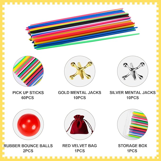 Classic Pick Up Sticks and Jacks Game with Ball Set, Includes Red Rubber Balls, Gold and Silver Metal Jax, Colorful Pick Up Sticks, Storage Box and Bag, Fun Retro Game for Kids Adults Family
