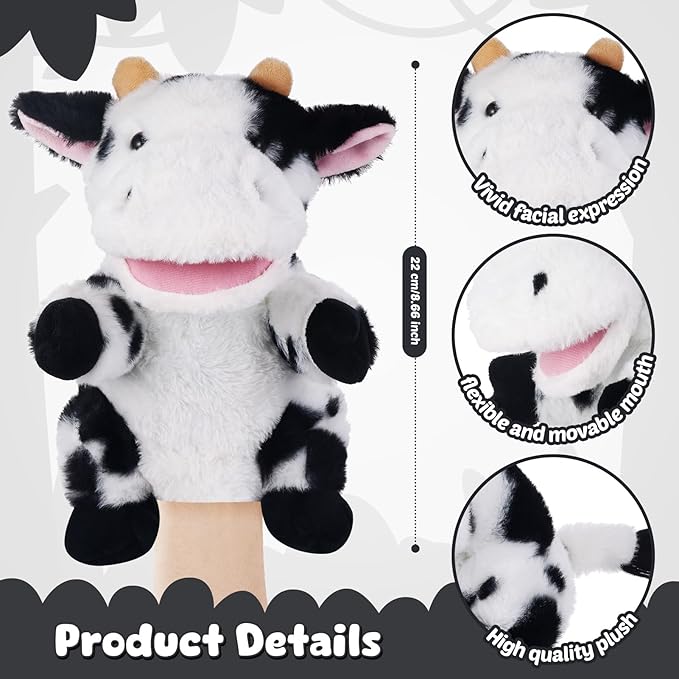 Animal Hand Puppets 11 Inch Sea Turtle Plush Dinosaur Animals Hand Puppet Toys Role-Play Toy Puppets for Kids Storytelling Imaginative Pretend Play Teaching Preschool(Cow)