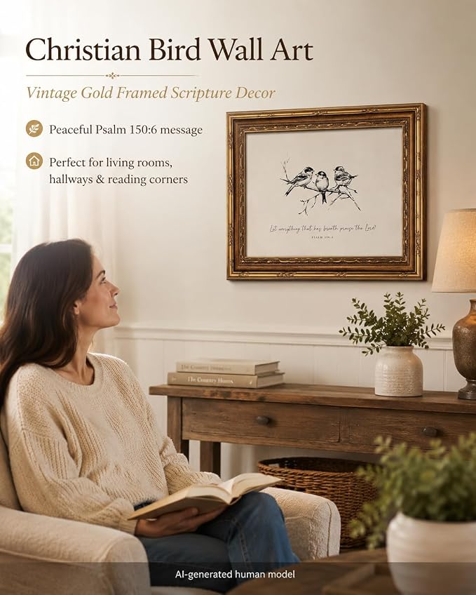 Vintage Gold Framed Bird Wall Art, Christian Bible Verse, 16 x 24 in | Sketch bird canvas with Christian scripture and vintage gold frame for living rooms, bedrooms, hallways, or prayer spaces.