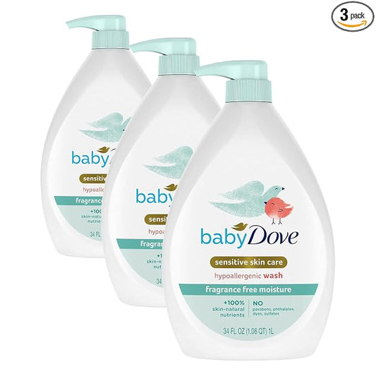 Baby Dove Sensitive Skin Care Baby Wash Fragrance Free Moisture For Baby Bath Time Fragrance Free and Hypoallergenic, Washes Away Bacteria 34 oz (Pack of 3)