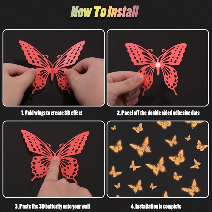 SAOROPEB Glow in The Dark 3D Butterfly 24 Pcs Orange Butterfly Stickers | 3 Sizes, Luminous Butterfly Stickers for Ceiling all, Glow in The Dark Party Supplies, Stickers for Kids Babys Nursery