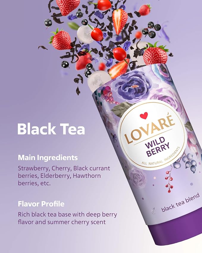 LOVARE Wild Berry Loose Leaf Tea 80 g - Made in Ukraine - Black Tea, Cherry, Roses, Hawthorn Berries, Elderberry, Black Currant Berries, Strawberry - Gift Box with 15 Paper Filters (Wild Berry)