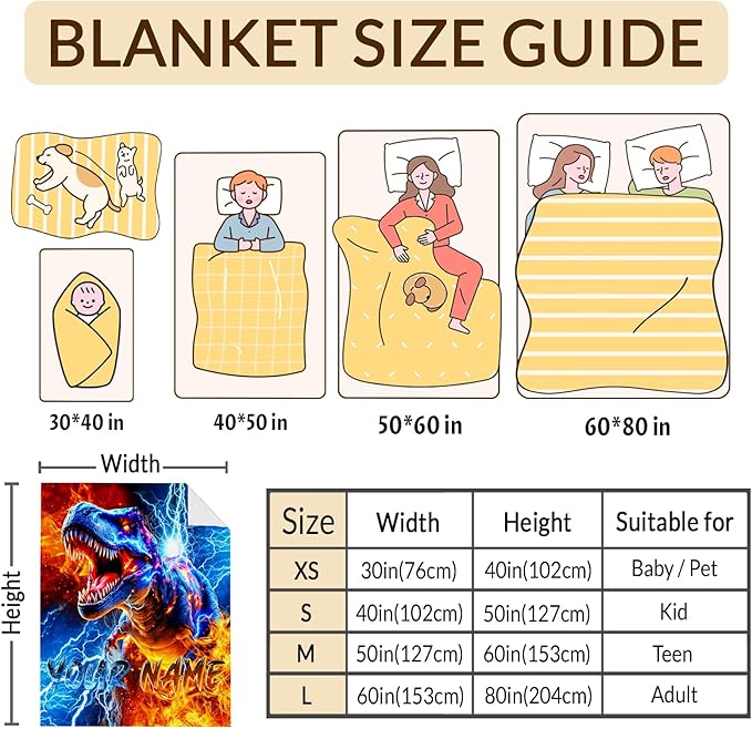 Dinosaur Blanket for Boys Personalized Throw Blankets Gift for Kids Teens Birthday, 60x80 Inches Lightweight Soft All Season Custom Decor Throw for Sofa Chair Couch Bed Office