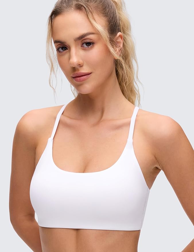 CRZ YOGA Butterluxe Twist Cross Back Sports Bras for Women - U Neck Padded Adjustable Spaghetti Straps Yoga Top