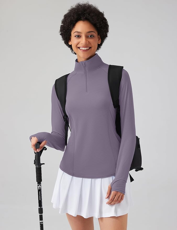 LOMON Women Long Sleeve Shirts Sun Protection 1/4 Zip Summer Quick Dry Hiking Shirts Quarter Zip Pullover for Women