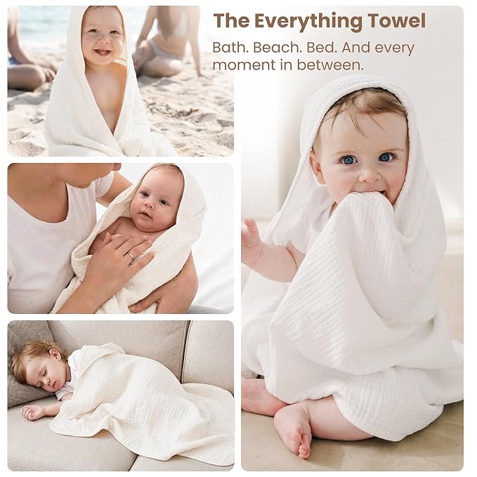 Konssy 2-Pack Muslin Hooded Baby Towels, 100% Cotton, Ultra-Soft & Absorbent Baby Bath Towels with Hood for Newborn & Infant (Coffee Check,Moon,32" x 32")