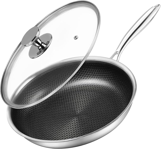 Innerwell 12" Non Stick Frying Pans,Stainless Steel Nonstick Frying Pan | Honeycomb Nonstick Coating, PFOA-free & Non-Toxic. Compatible with All Stoves, Easy to clean.Oven &Dishwasher Safe
