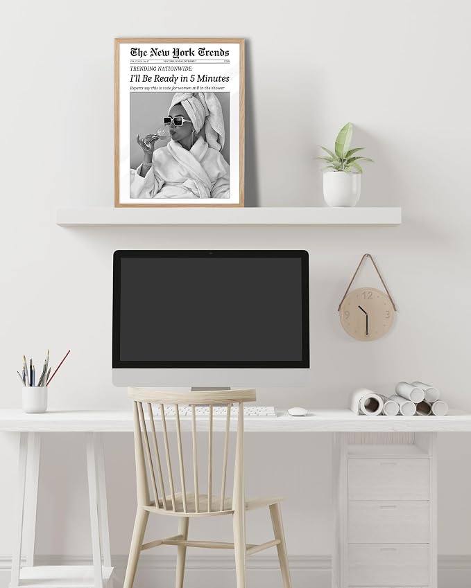 EcoHest Small 8x10 in I'll Be Ready in 5 Minutes Newspaper Framed Wall Art | Natural Oak Wood Frame with Canvas Wall Art, Feminist Newspaper Wall Decor for Bathroom, Bedroom, Apartment, Dorm Room, 1Pack
