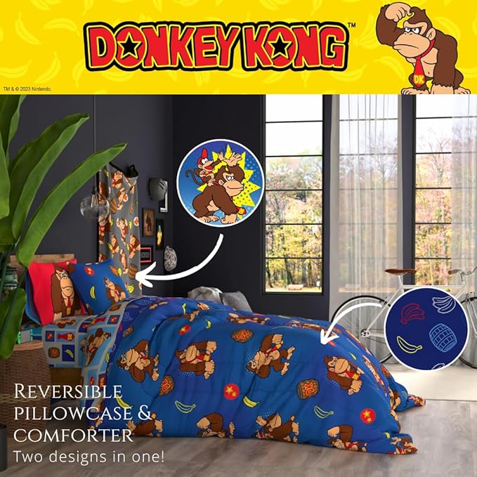 Collectibles Nintendo Donkey Kong Gaming Bedding 5 Piece Super Soft Reversible Comforter and Sheet Set with Sham, Twin, (Officially Licensed Product) By Franco