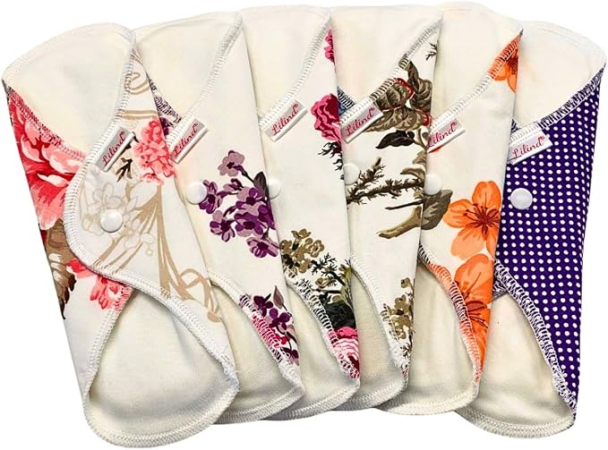 Lilind® 6 Pack Everyday 9" Regular Organic Cloth Pads on Random Color, Reusable Menstrual Sanitary Napkins, 100% Cotton