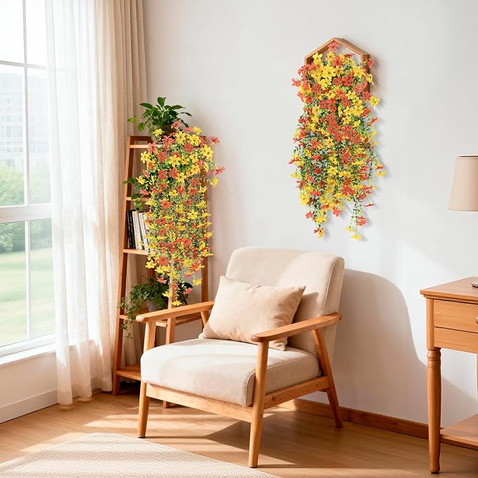 INQCMY Artificial Fake Hanging Flowers Plants for Outdoor Fall Decoration | 2 PCS Faux Silk Daisy with Eucalyptus Leaves,UV Resistant Look Real for Outside Home Planter Porch Patio Balcony Yard Decor