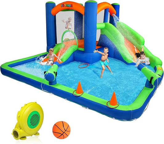 JOYMOR Inflatable Water Slide Bounce House for 3-6, 30s Blow Up Water Slide w/Basketball Hoop, Water Cannon, Ring-Toss Game, Inflatable Water Bounce House w/Slides, Air Blower (Blue/Green)