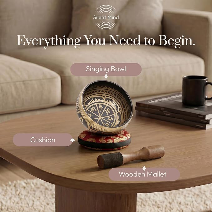 Silent Mind Tibetan Singing Bowl Set – Easy to Play & Beginner Friendly Meditation Bowl with Cushion & Mallet | Stress Relief & Mindfulness | Gift-Ready