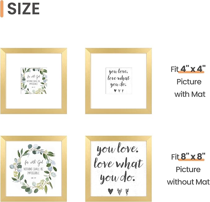 upsimples 8x8 Picture Frame, Display Pictures 4x4 with Mat or 8 x 8 Without, Wall Hanging Photo Frames, Gold, 1 Pack