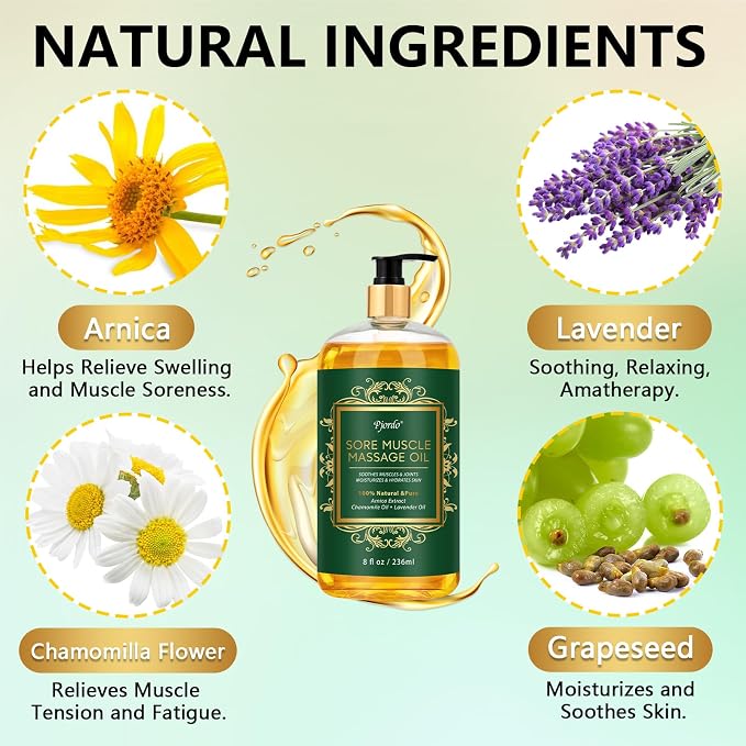 Pjordo Sore Muscle Massage Oil for Massage Therapy, with Massage Roller Ball & Thumb Saver Massager, Body Massage Oil for Muscle Relaxing, Soothes Joints & Muscles with Arnica, Lavender Oil(8 Fl Oz)