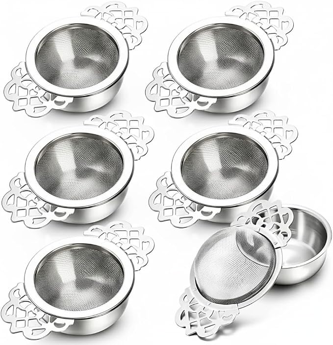 6 Pack Mesh Tea Filter Strainers, Stainless Metal Tea Infuser, Tea Steeper with Handle and Drip Bowl for Loose Tea, Sliver, 2.5 Inch