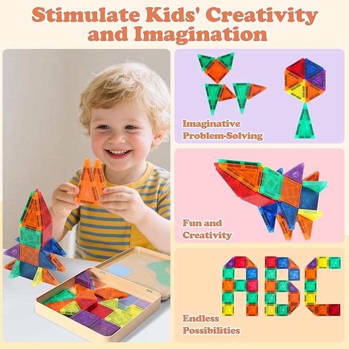 60 PCS Mini Magnetic Tiles, Travel Magnetic Tiles Magnetic Building Blocks with Iron Box, Portable Travel Toys for Kids Ages 4-8, STEM Learning Educational Construction Travel Toys for Toddlers 3-5