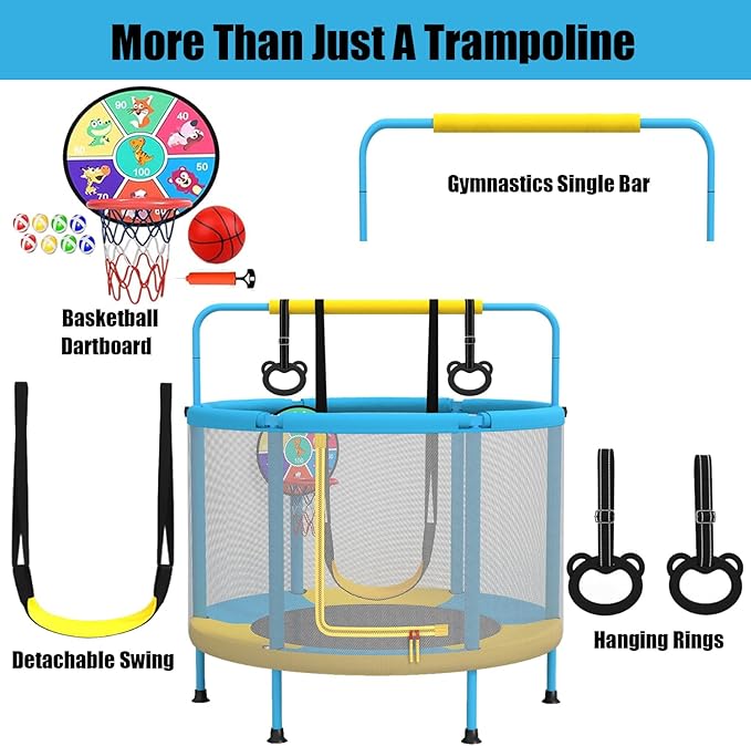 60" Trampoline for Kids, 5ft Toddler Mini 6-in-1 Trampoline Indoor Outdoor with Swing, Basketball Hoop, Dart Board, Rings, Christmas Toys Birthday Gifts for Girls Boys