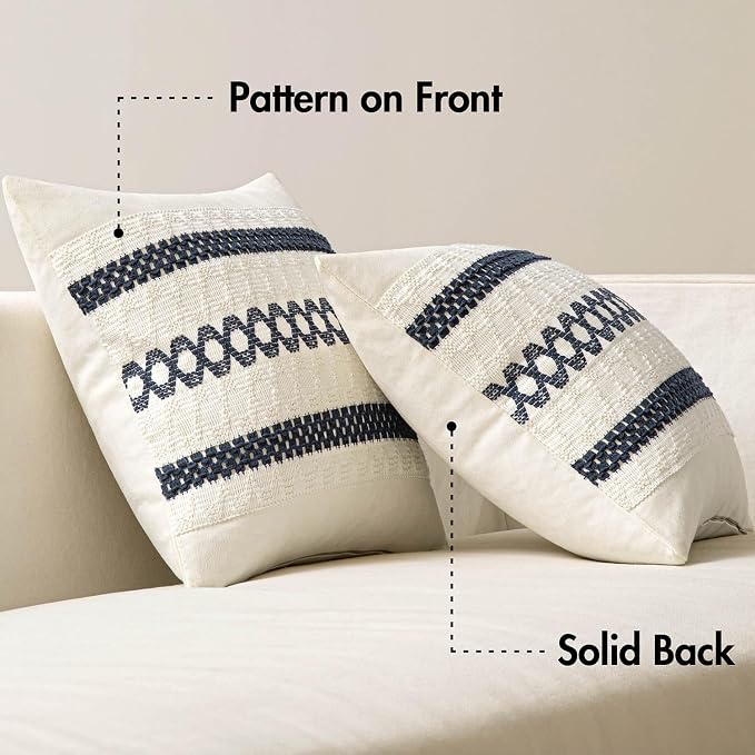 MIULEE Set of 2 Navy Blue Boho Decorative Lumbar Pillow Covers 12x20 Inch | Farmhouse Couch Throw Pillows, Modern Coastal, Cotton Cushion Covers, Macrame Woven Home Decor for Bed Sofa Chair