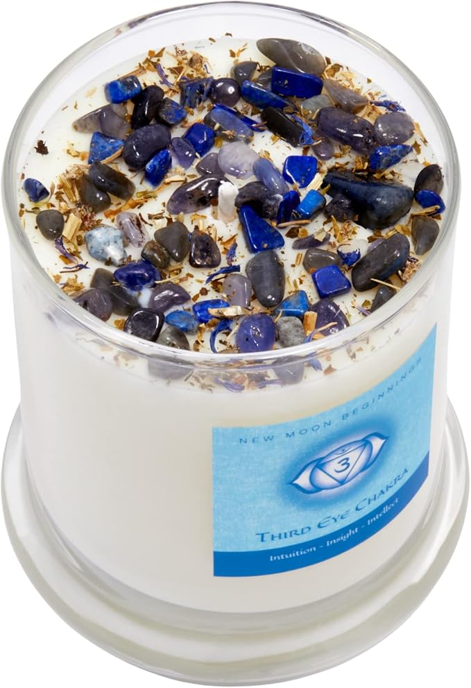 Third Eye Chakra Candle by New Moon Beginnings - Chakra Candles - Dried Flower, Herb, & Crystal Candles - Aromatherapy Candles - Soy Candle - 12oz Glass Jar