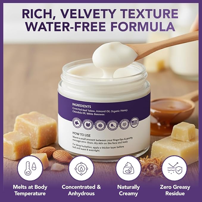 Whipped Tallow and Honey Balm for Face & Body - 100% Grass Fed Beef Tallow Balm Only 5-Ingredients No Scent with Organic Honey & Calendula - Natural Moisturizer for Dry Sensitive Skin - Unscented, 2oz
