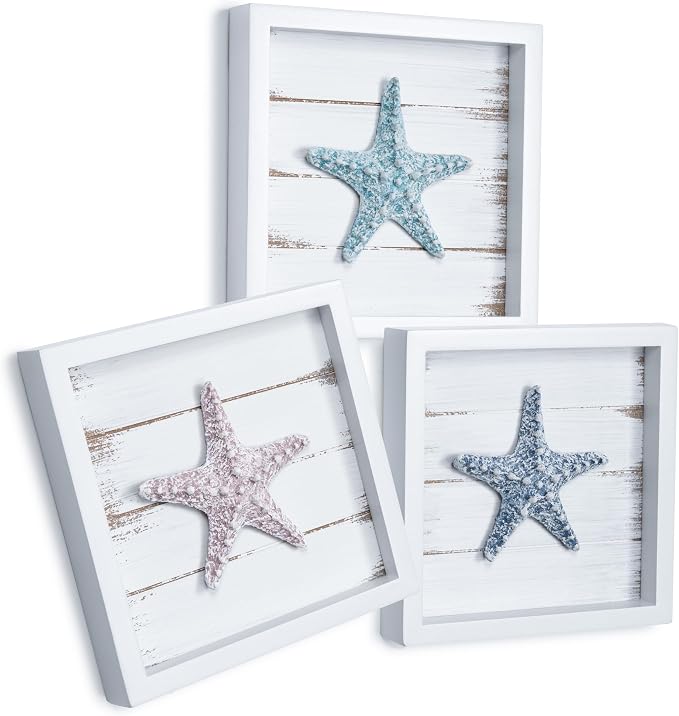 Tide and Tales 3D Starfish Wall Art, Framed Set of 3, Beach Bathroom Decor | 7" x 7", Coastal Wall Decor, 3D Textured Seashells, Ready to Hang, Fade Resistant, Gift Boxed, Hardware Included