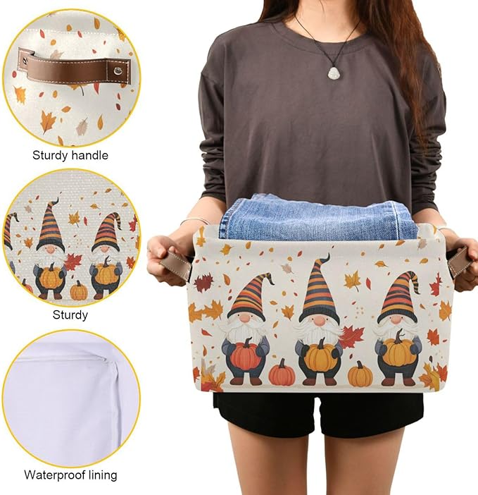 Aslsiy Storage Basket Gnome and Pumpkins Autumn Nursery Bins Apricot Baby Box Canvas Clothes Shelf Basket Laundry Hampers 2 Pcs